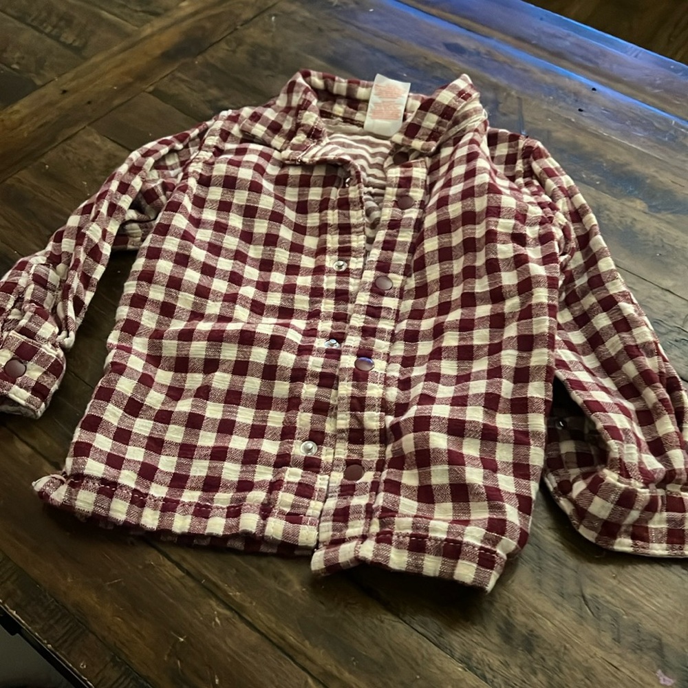 2T Cat & Jack Burgundy Plaid / Stripe reversible buttons down with snaps